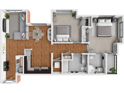 Floor plan for 2 beds, 2 baths, 1050 sqft